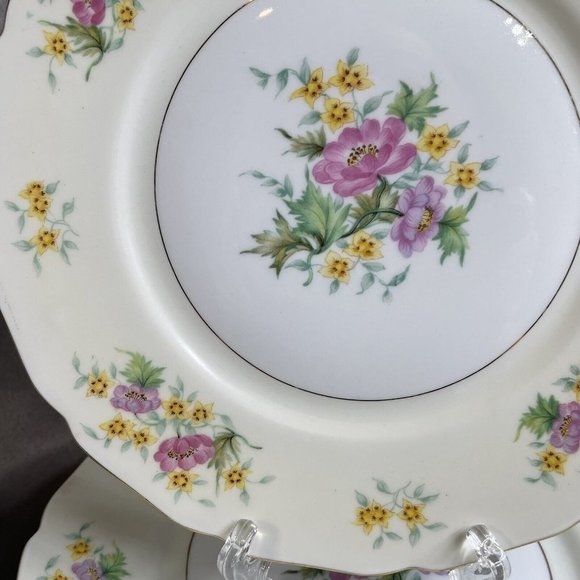 Set of 4 Black Knight Germany Yellow Pink Floral Gold Trim Dinner Plates 10" - Picture 11 of 13